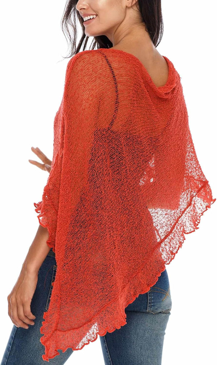 SHU-SHI - Damen Poncho-Top mit Rüschen - transparent - leichtes Strickmaterial Dunkelorange, Dunkelo