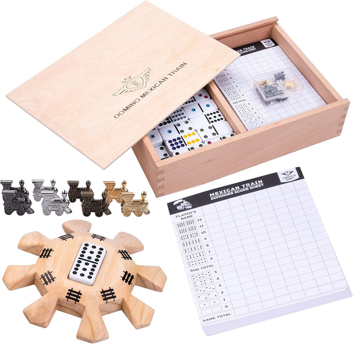 Engelhart - Domino Mexikanischer Zug D12 Deluxe in Einer Box aus Buchenholz + Punkteblock + Bahnhof