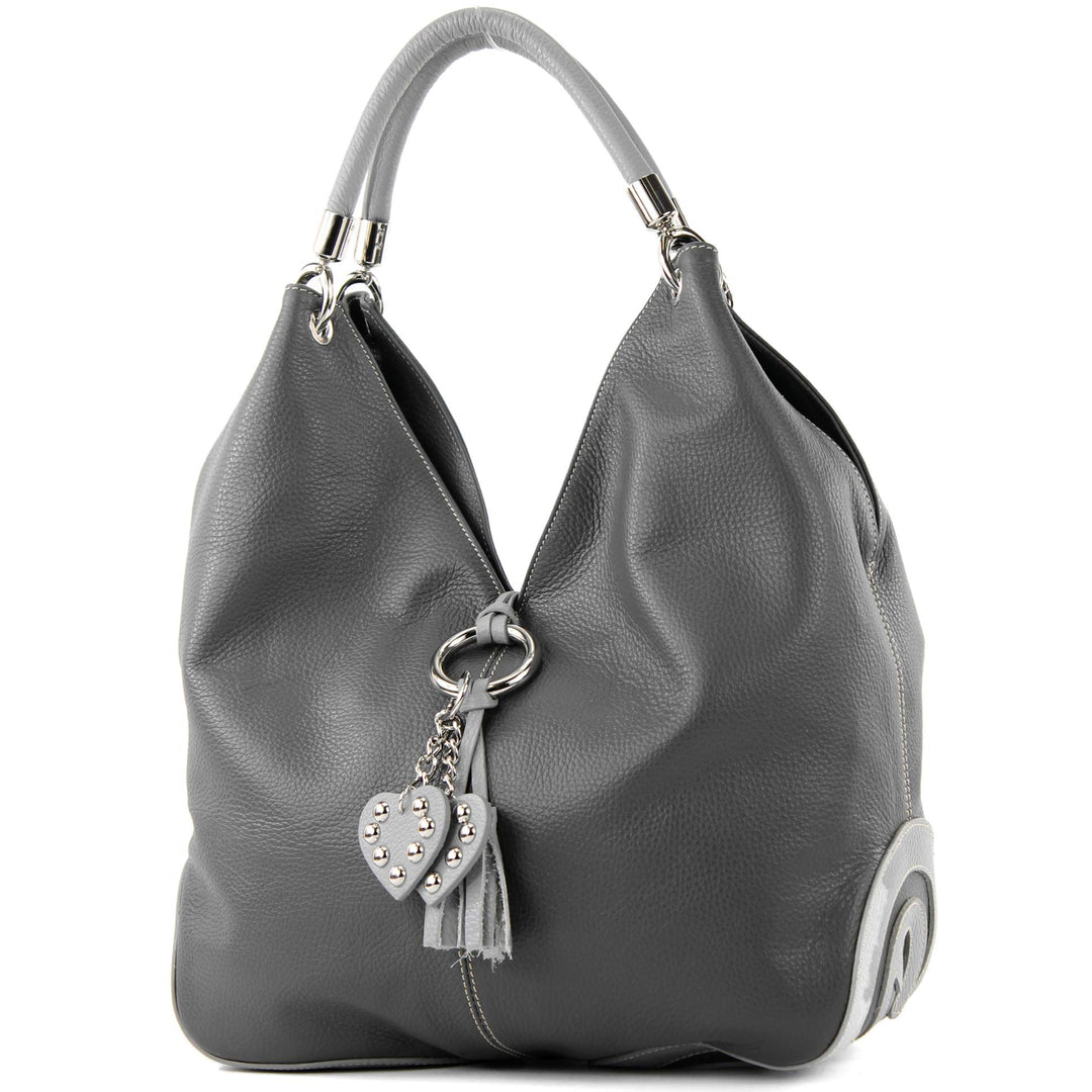 modamoda de - 330 - ital. Leder Damen Schultertasche Large Dunkelgrau/Grau, Dunkelgrau/Grau