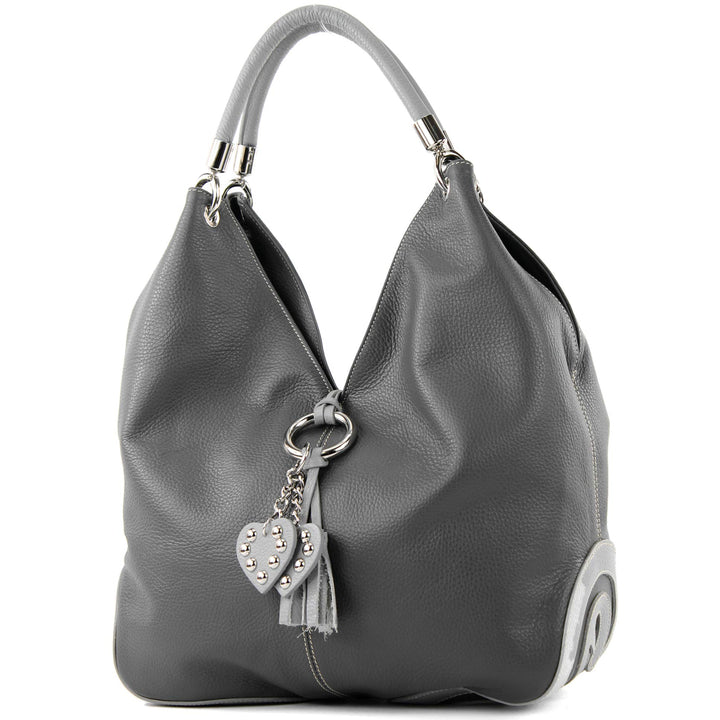 modamoda de - 330 - ital. Leder Damen Schultertasche Large Dunkelgrau/Grau, Dunkelgrau/Grau