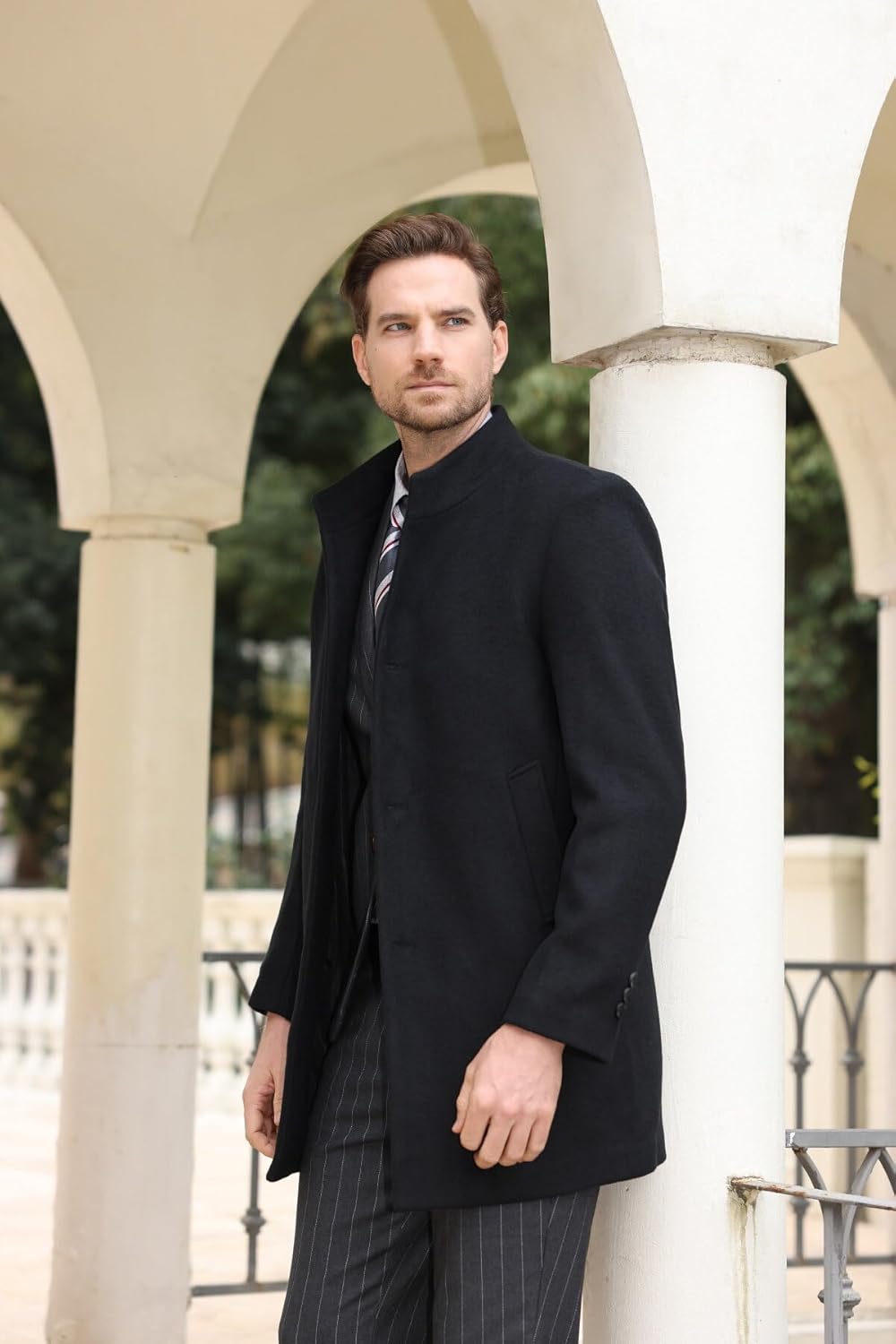 Allthemen Wintermantel Herren Mantel Slim Fit Lang Wollmantel Business Mantel mit Stehkragen Herren