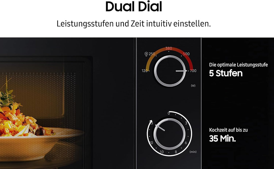 Samsung Solo-Mikrowelle, 700 W, Epoxy-Garraum mit 20 l Volumen, 5 Leistungsstufen, Defrost, Weiss/Sc