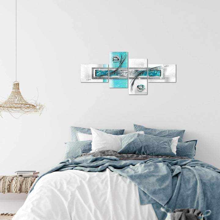 Runa Art Bild Modern Abstrakt - Made in Germany - Wandbilder Grau Türkis Blau 4 Teilig 108142a 100 x