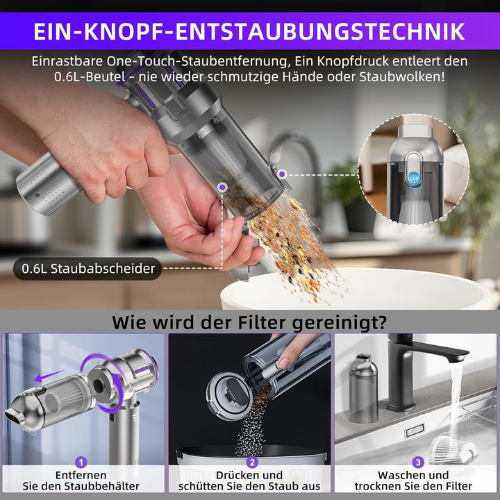 Handstaubsauger, 25000Pa Handstaubsauger Akku Kabellos mit 1-Knopf-Selbstentleerung, 4-in-1 Autostau