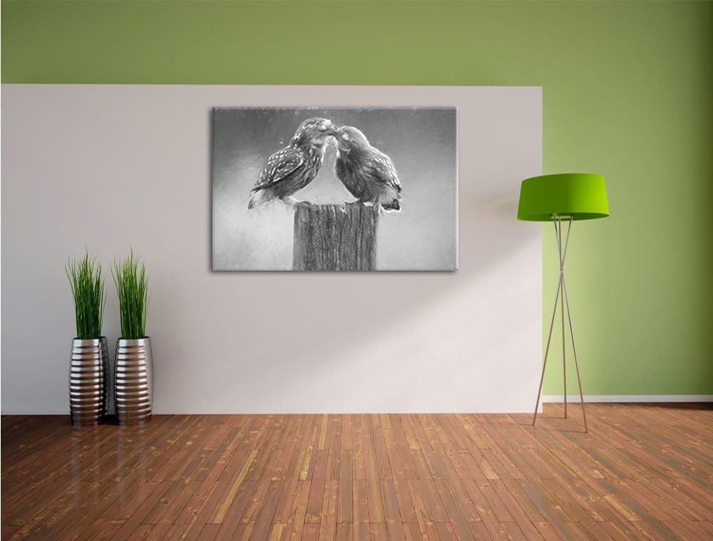 Pixxprint Küssende Eulen Kunst Kohle Effekt, Format: 100x70 auf Leinwand, riesige Bilder fertig gera