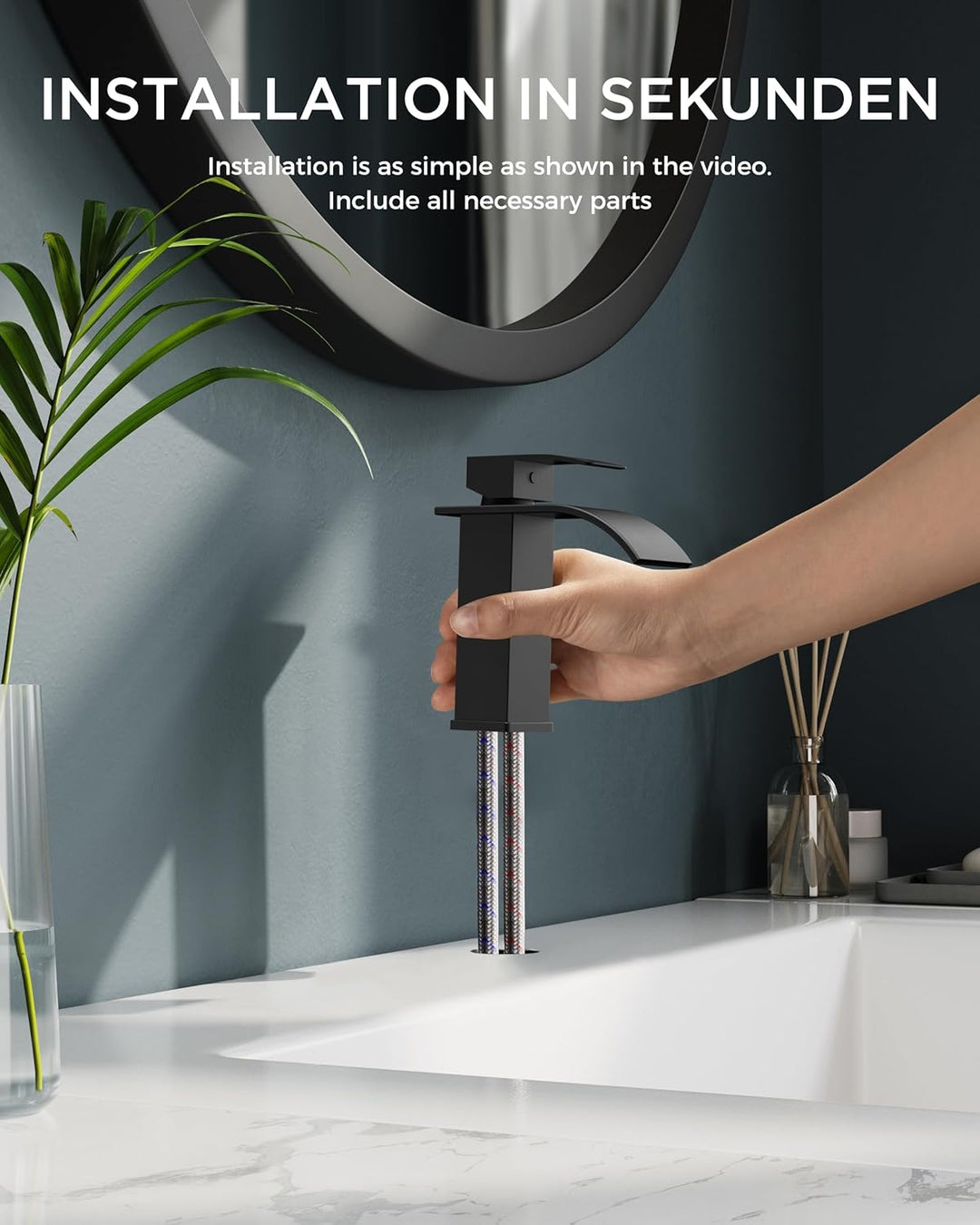 FORIOUS Wasserhahn Bad Schwarz,Wasserfall Waschtischarmatur Einhandmischer Armatur Waschbecken mit A