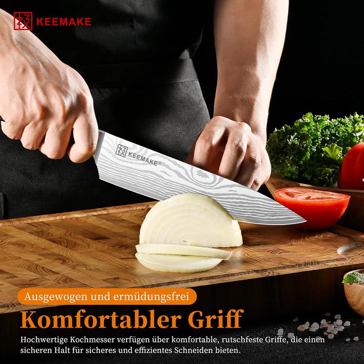 KEEMAKE Küchenmesser Kochmesser 20cm, Profi Messer Küche aus Edelstahl mit Klingenschutz, Scharf Fle