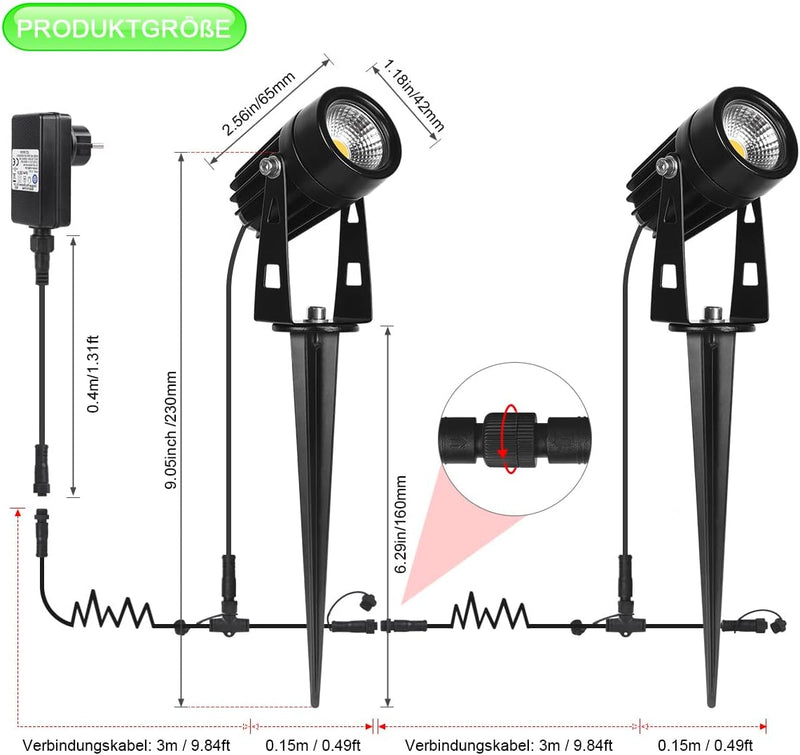 AIMHEIM 4er-Set Gartenleuchte mit Stecker, 3W LED Gartenstrahler mit Erdspiess, Warmweiss LED Strahl