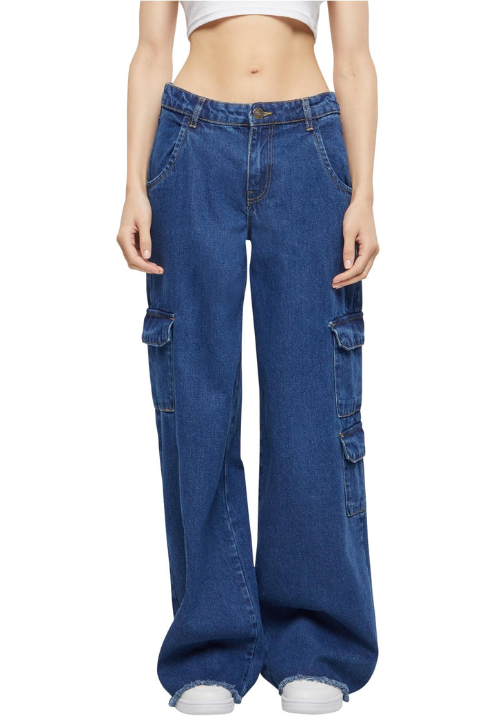 Urban Classics Ladies Mid Waist Cargo Denim Pants Frauen Cargohose schwarz Basics 26 Mid Indigo Wash