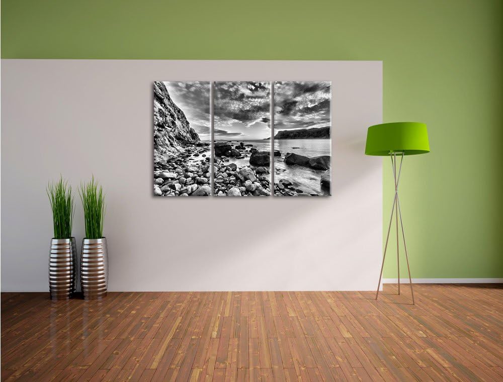 Pixxprint Monocrome, Felsen am Strand 3-Teiler Leinwandbild 120x80 Bild auf Leinwand