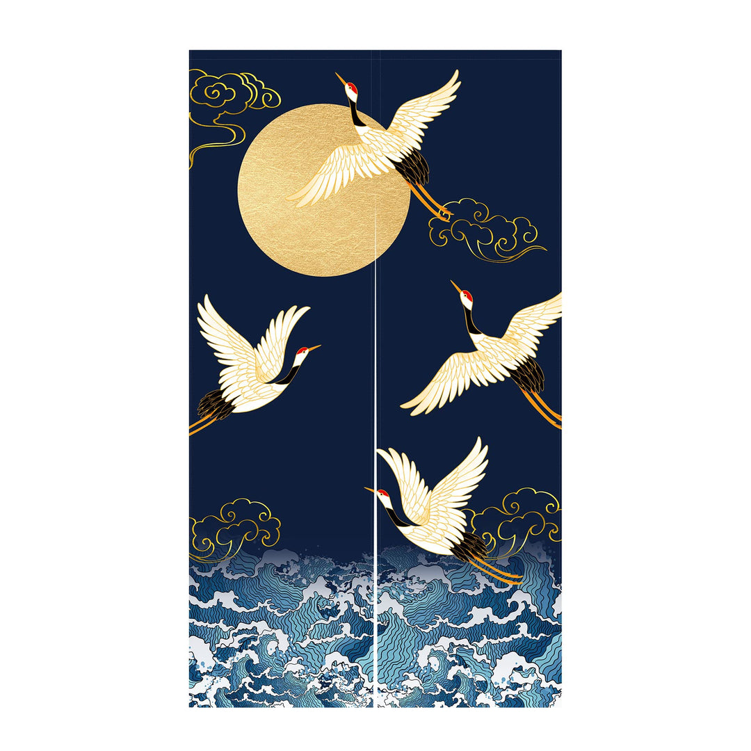 LIGICKY Japanischer Stil dick Leinen Noren Lang Vorhänge White Crane Meereswellen und Mond Türvorhan