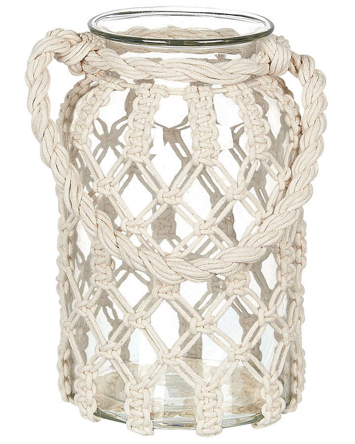 Laterne Glas weiss 31 cm mit Griff Makramee geflochten Tischdeko Boho Jalebi