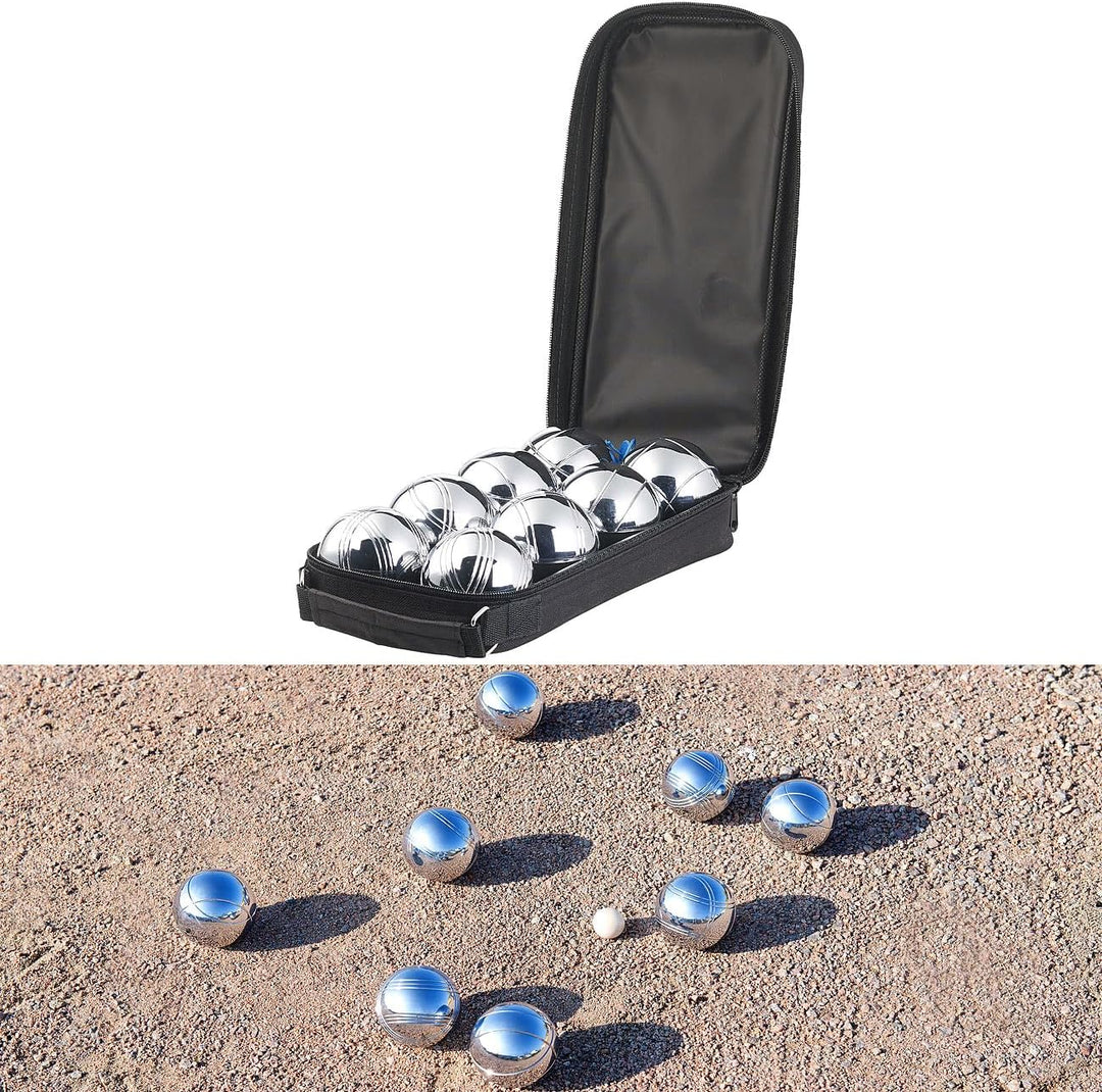 PEARL Boule Kugeln: Boule- & Boccia-Spiel: 8 Metall-, 1 Holz-Kugel, Abstandsmesser, Tasche (Boccia K