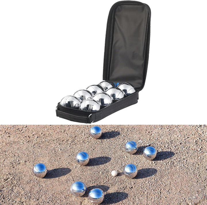 PEARL Boule Kugeln: Boule- & Boccia-Spiel: 8 Metall-, 1 Holz-Kugel, Abstandsmesser, Tasche (Boccia K