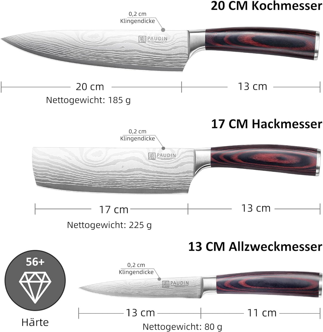 PAUDIN Küchenmesser Set, 3-tlg Messerset aus hochwertigem Carbon Edelstahl, Ultra Scharfes Messer se