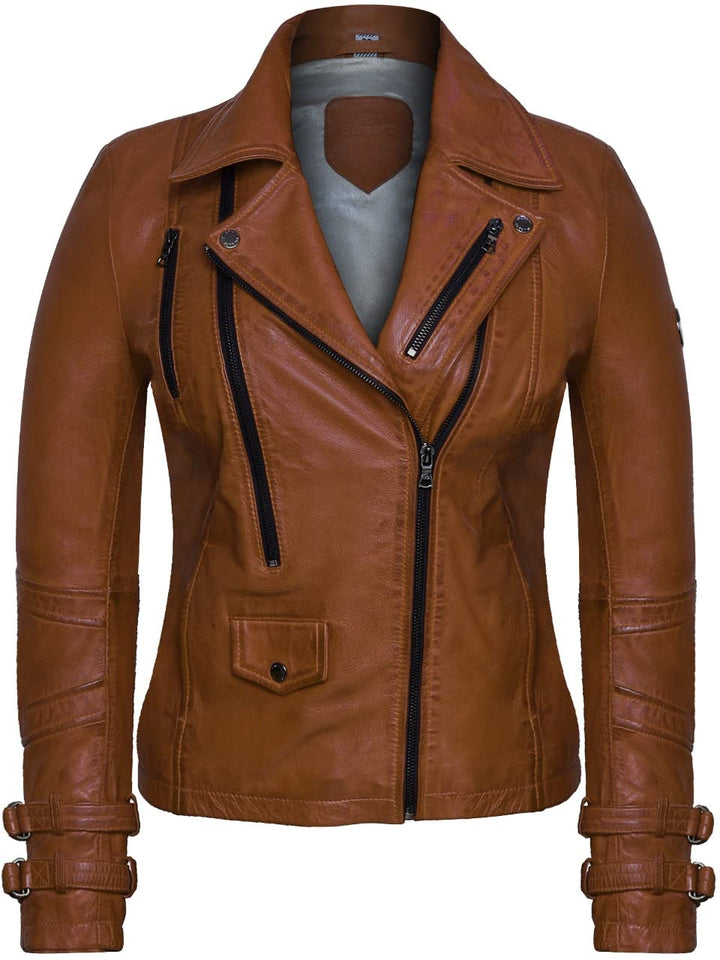 Bluepiel Poula Damen Lederjacke - Modernen Biker-Look - Echt Leder Jacke Rot Tailliert mit Reverskra