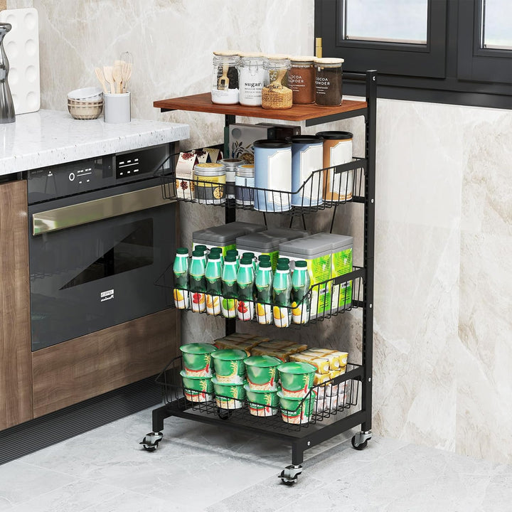 COSTWAY Servierwagen mit Rollen, Gemüseregal mit ausziehbaren Körben &amp; Holzplatte, höhenverstellbar,