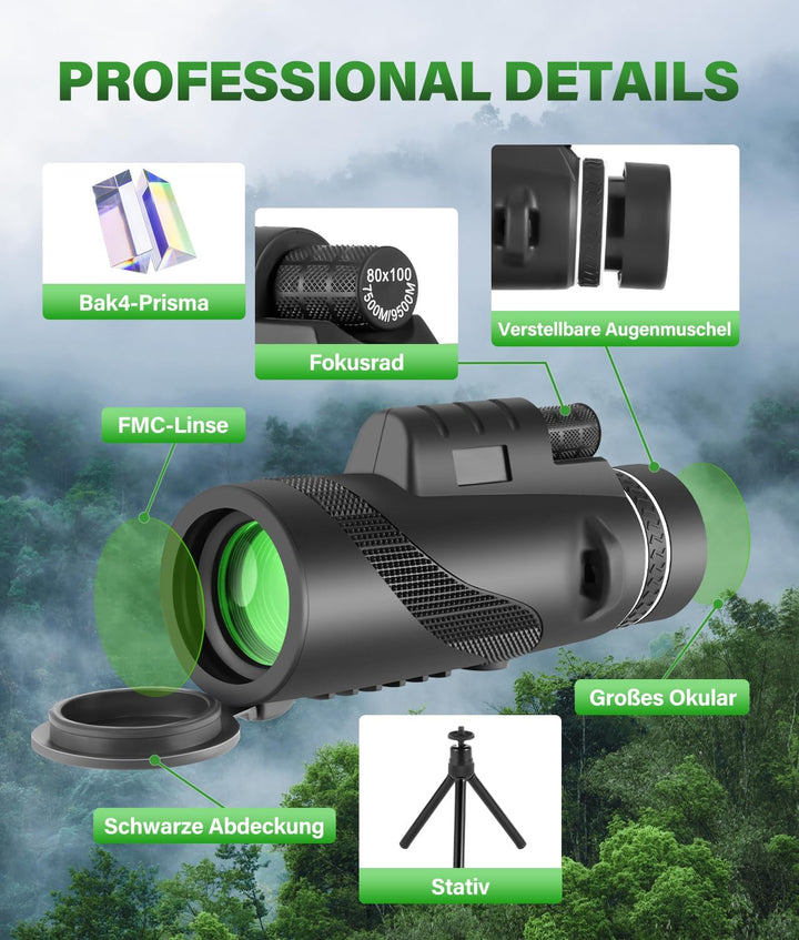 Monokular 80x100 Zoom, Monokulare Teleskop Fernrohr mit Smartphone-Halterung und Stretchable Stativ,