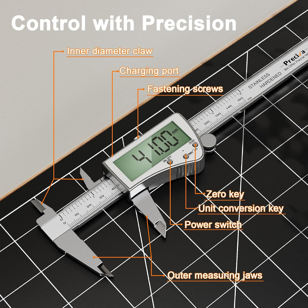 Preciva 150mm Digitaler Messschieber, Digitale Schieblehre Edelstahl Wiederaufladbar IP54 - Wasserdi