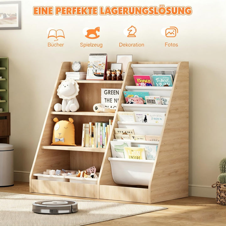 Kinderregal Bücherregal für Kinder 90x40x80cm, mit 5 Ablage und 4 offenen Fächern, Holz, Spielzeugre