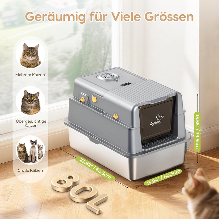 Katzenklo Edelstahl XXL mit Deckel, Streuluft-Desodorierungssystem | 105° Klappdeckel 3-in-1 Grosse