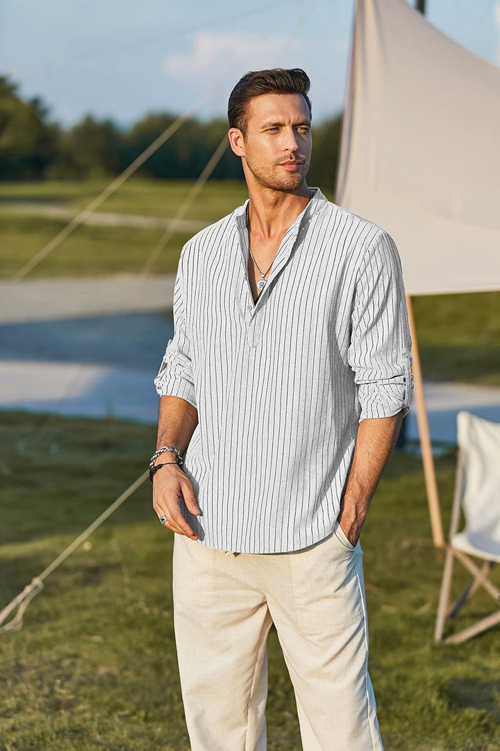 COOFANDY Herren Hemd Langarm Henley Shirt Leinenhemd Baumwolle Casual Regular Fit Sommerhemd Weisse