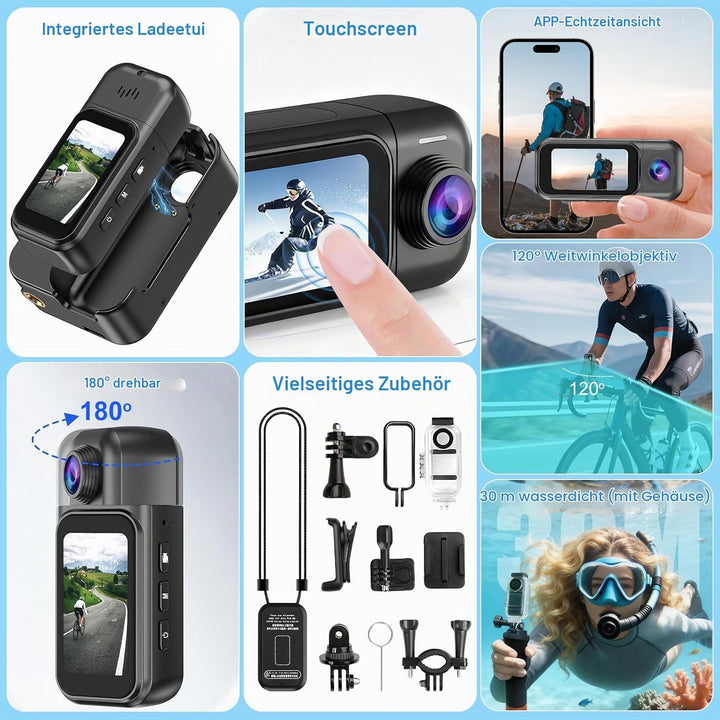 7JI Körperkameras 4K 180°Drehbar mit Ladekoffer,2400mAh Pocket Action Kamera,30m/98ft Wasserdicht,1.