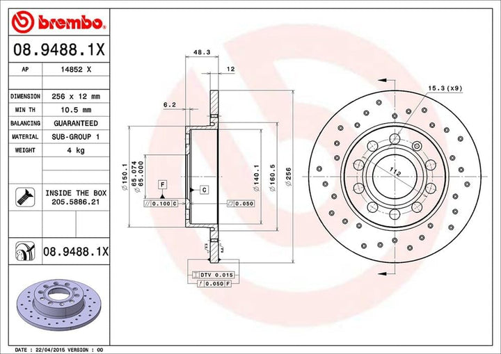 BREMBO 2 Bremsscheiben Bremsscheiben Rotoren 08.9488.1X