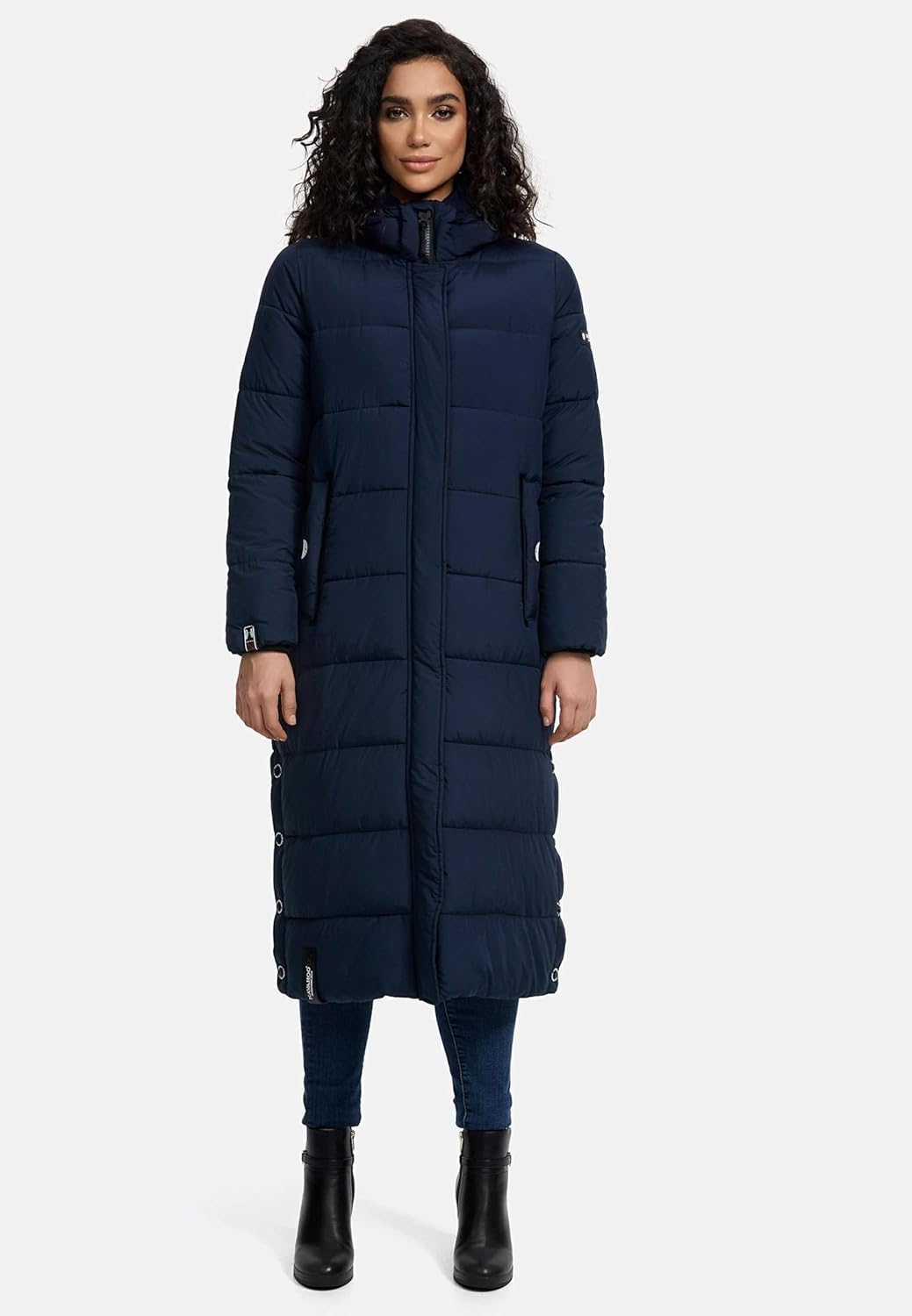 Navahoo Damen Wintermantel Warmer Steppmantel lang mit Abnehmbarer Kapuze Isalie XS-XXL L Navy, L Na