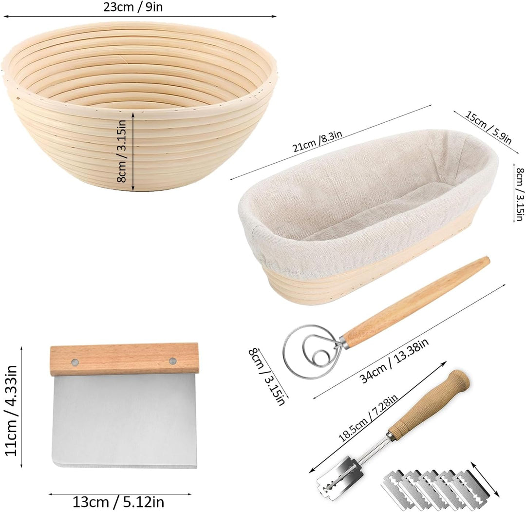 Gärkörbchen Set,Gärkorb zum Brotbacken 23cm Rund & 21cm Oval,100% Natürliches Rattan,Brotkorb Mit Le