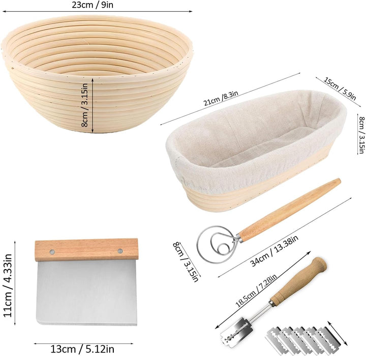 Gärkörbchen Set,Gärkorb zum Brotbacken 23cm Rund & 21cm Oval,100% Natürliches Rattan,Brotkorb Mit Le