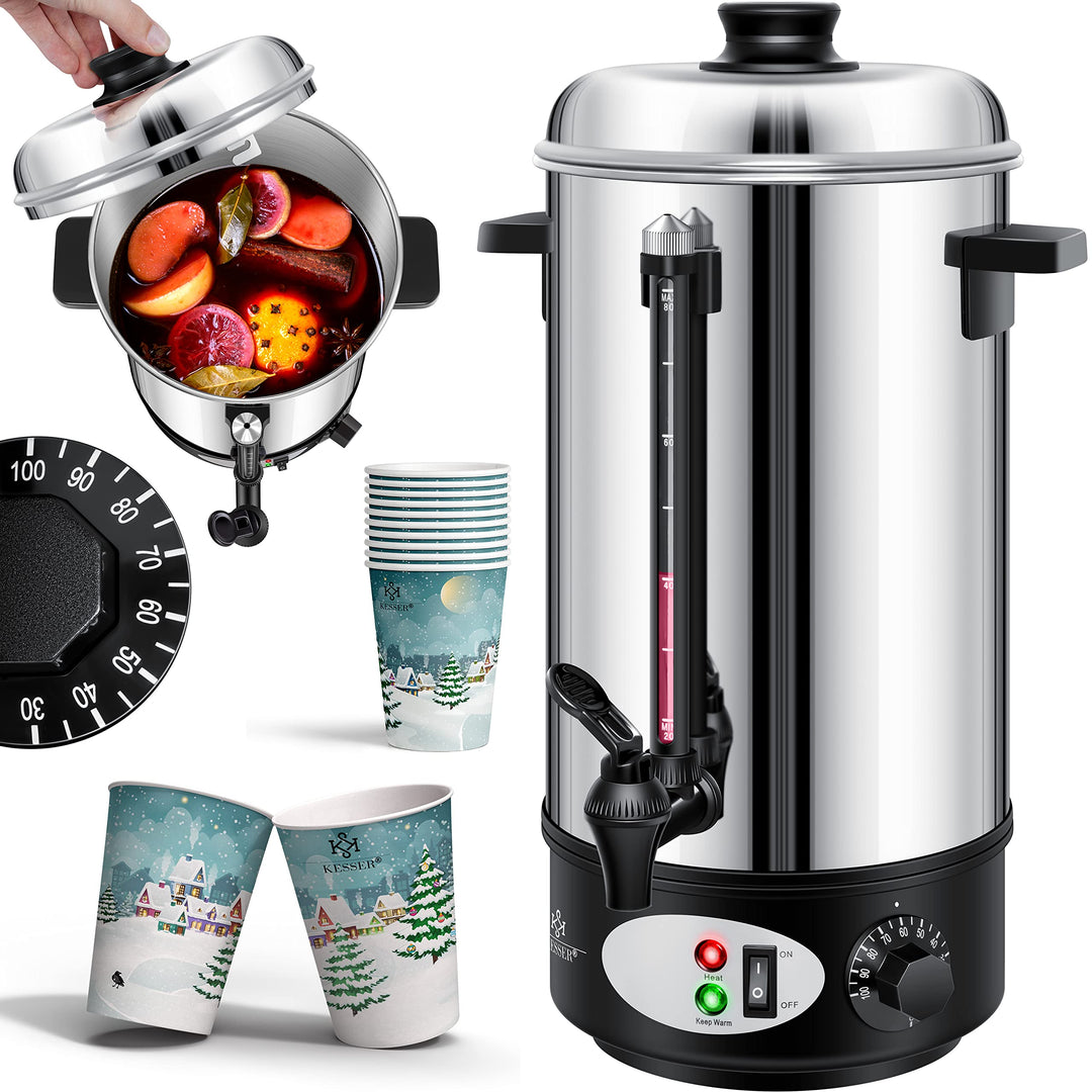 KESSER® Glühweinkessel 8L Edelstahl Inkl. 10x Becher Glühweinkocher mit Thermostat Glühweinautomat H