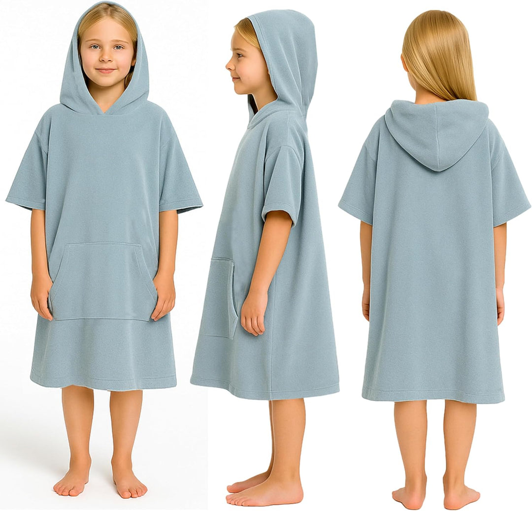 Leicht Frottee Badeponcho Kinder - Mädchen Jungen Baumwolle Poncho Handtuch Bademantel Badetuch Surf