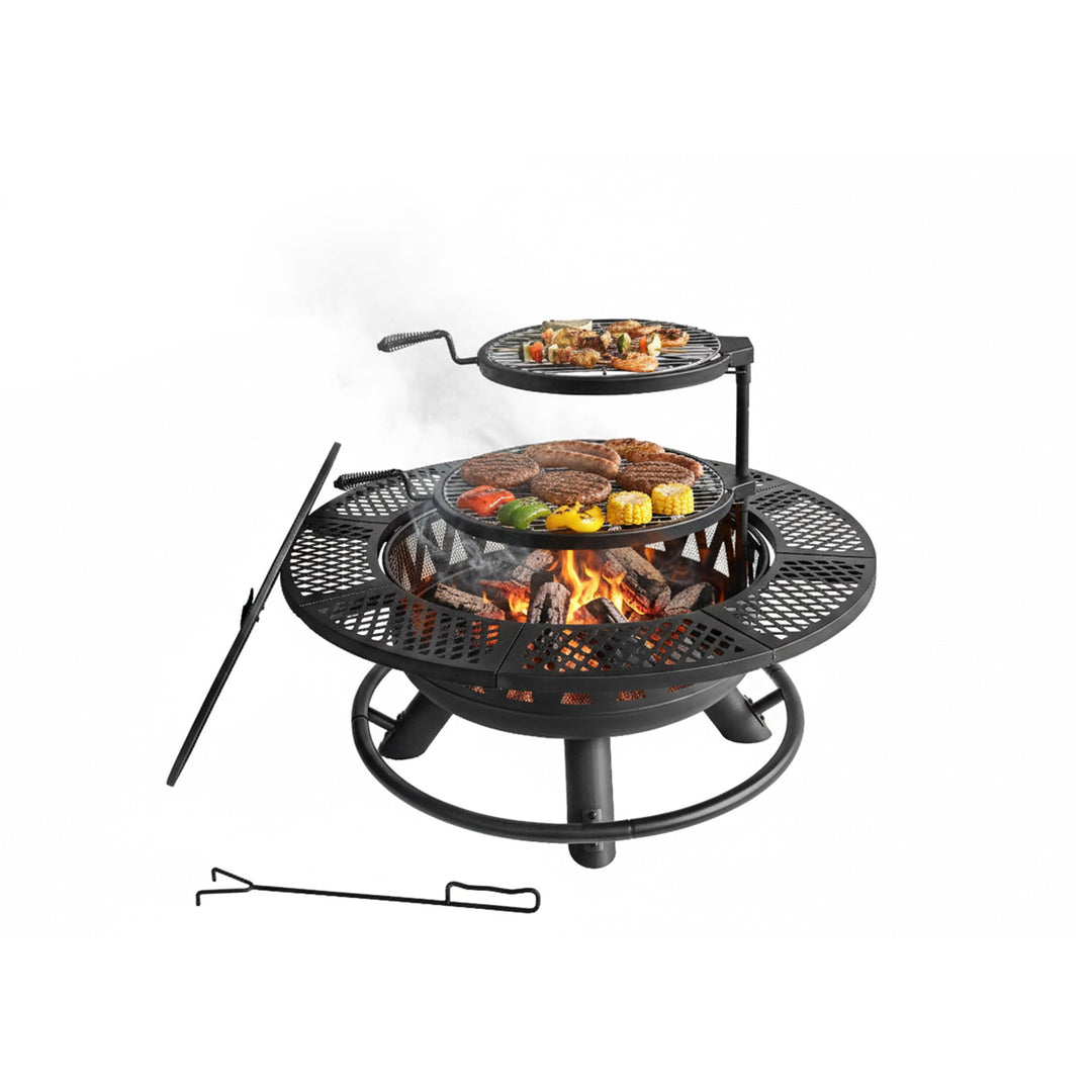 Relaxdays Feuerschale, Ø 92 cm, 2 verstellbare Grillroste, Deckel, Schürhaken &amp; Abdeckung, Feuerstel