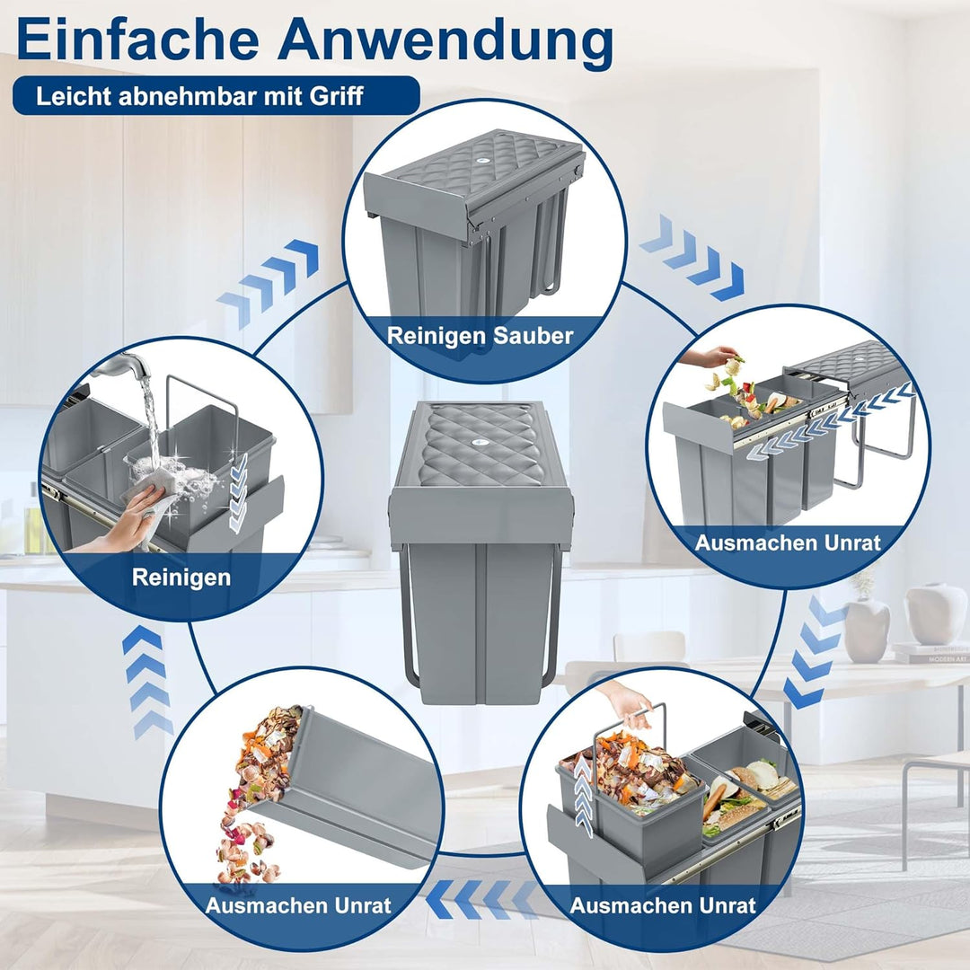 YUENFONG Einbaumülleimer 3 Fächer 3x10 Liter, Unterschrank Abfallsammler Mülleimer mit Teleskopschie