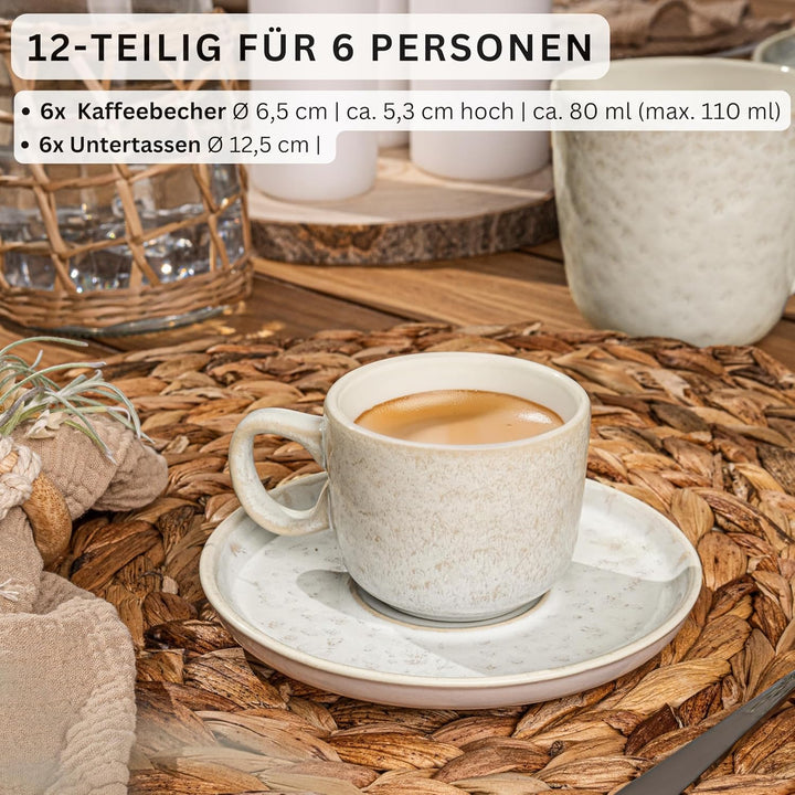 SÄNGER Key West | Espressotassen Set Steingut 12 teilig, Mokka Tassen Set 6 Personen, Tassen & Unter