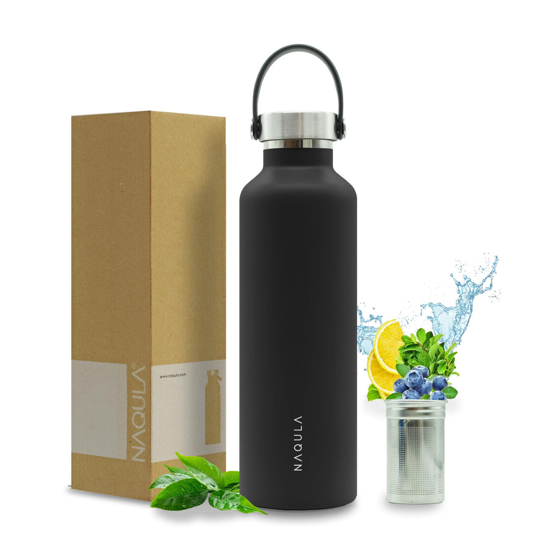 Thermosflasche 750 ml mit Tragegriff und abnehmbarem Sieb f Tee od Früchte. Edelstahl Trinkflasche a