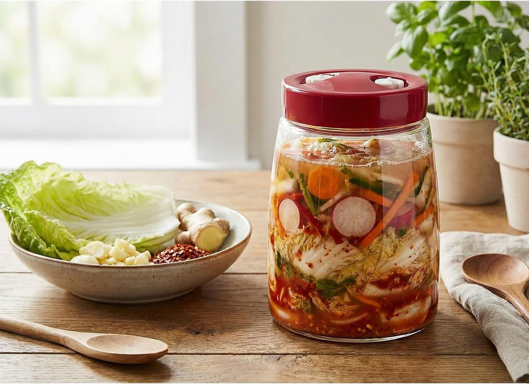 Kimchi-Behälter,Gärglas mit doppeltem Entlüftungsventil, fermentiergläser,Airlock-Deckel, Gurkenglas
