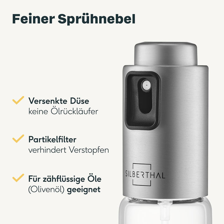 SILBERTHAL Ölsprüher 120 ml Glas – Sprühflasche für Speiseöl – 2 in 1 Essig & Ölspender – Gleichmäss