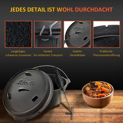 Ribelli BBQ Dutch Oven Füsse ca. 9,5 Liter schwarzes Gusseisen - Deckel - Henkel -