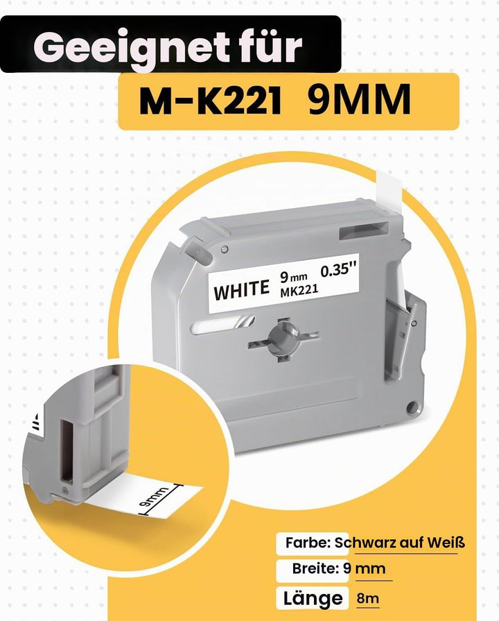 Aken 5 x Kompatibel M-K221 9mm 0.35 Schriftband für Brother Ptouch MK-221 MK221 M-K221S Schwarz auf