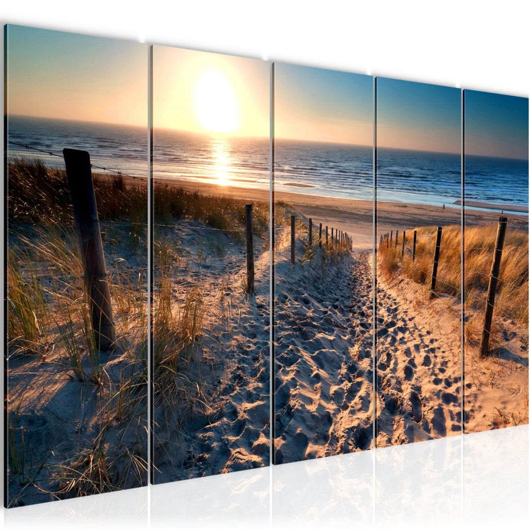 Runa Art Wandbild XXL Strand Sonnenuntergang Schlafzimmer Wohnzimmer 200 x 80 cm Beige Blau 5 Teilig