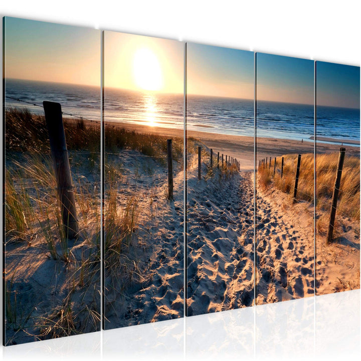 Runa Art Wandbild XXL Strand Sonnenuntergang Schlafzimmer Wohnzimmer 200 x 80 cm Beige Blau 5 Teilig