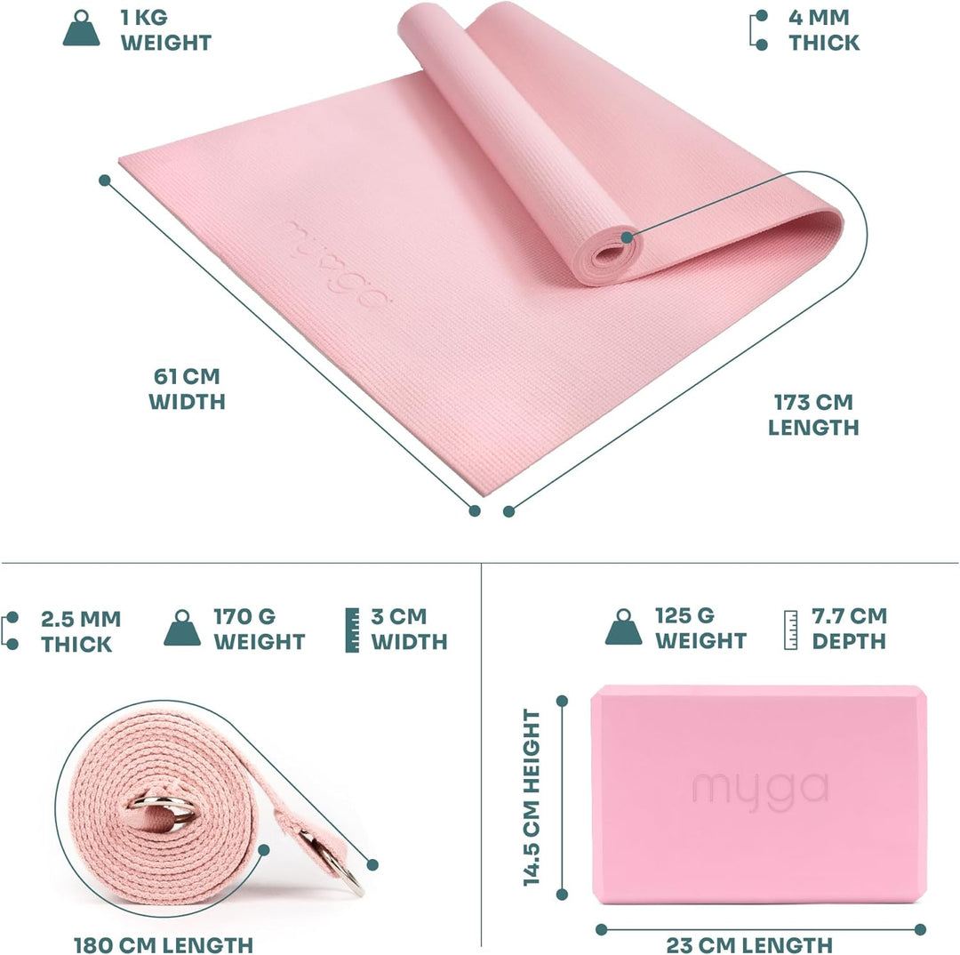 Myga Yoga-Starter-Set – Yogamatte, 2 Yoga-Blöcke und Yogagurt – Starter-Set mit Matte, 2 Steinen & M
