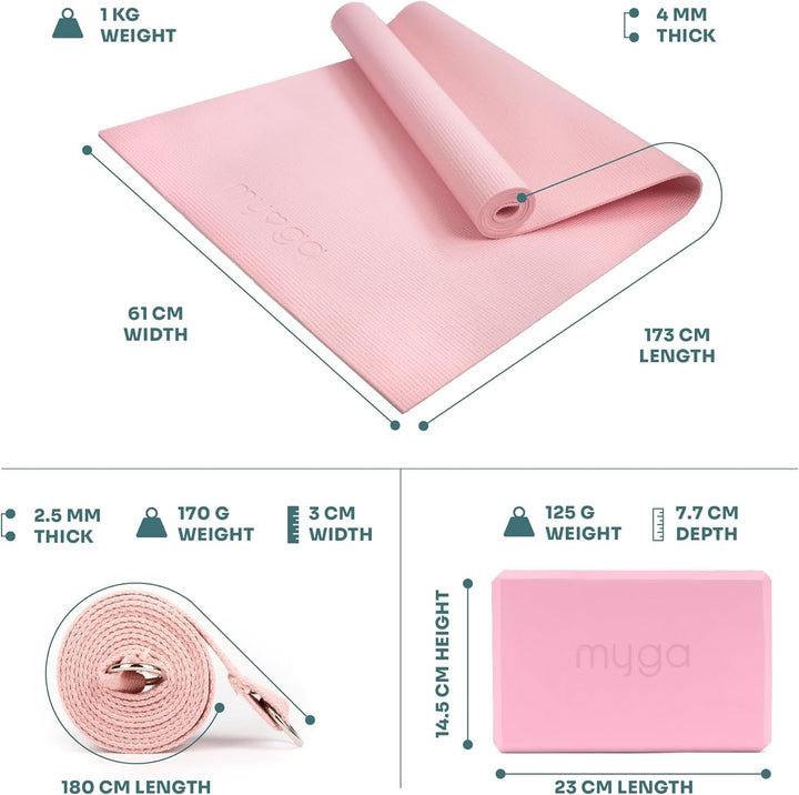 Myga Yoga-Starter-Set – Yogamatte, 2 Yoga-Blöcke und Yogagurt – Starter-Set mit Matte, 2 Steinen & M