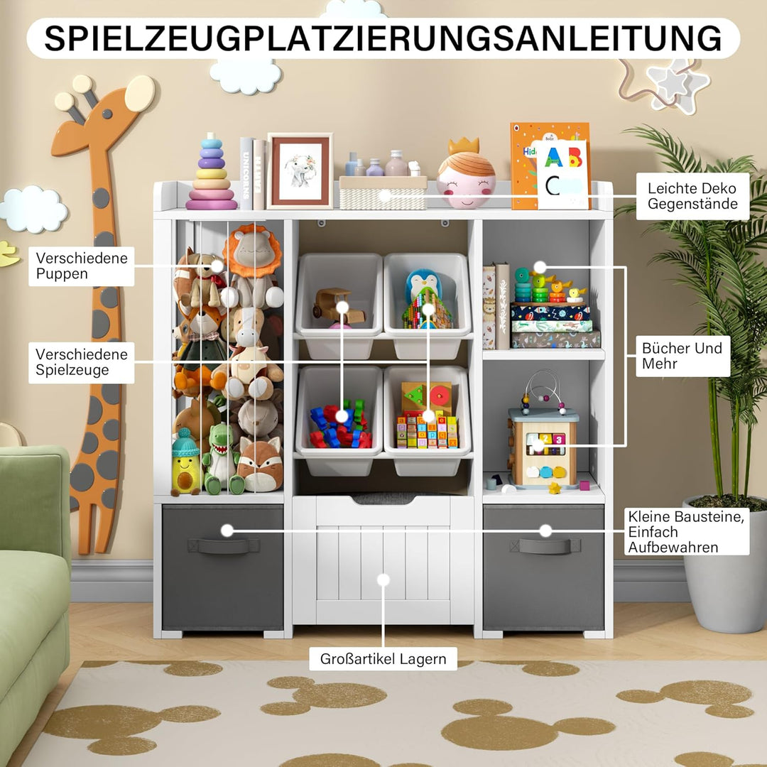 Jehiatek Kinderregal mit Stauraum-Sitzbank, Holz Spielzeugregal mit Kuscheltierfach, 2 Regalböden, 2