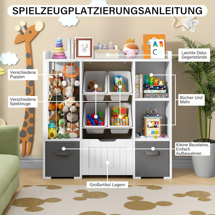 Jehiatek Kinderregal mit Stauraum-Sitzbank, Holz Spielzeugregal mit Kuscheltierfach, 2 Regalböden, 2