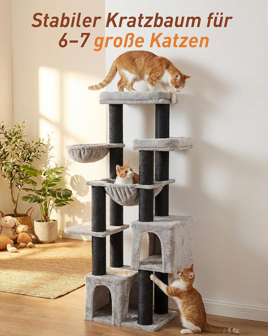 Kratzbaum Gross, 164cm Kratzbaum Grosse Katzen Stabil mit 11cm d Stämme, 2 Hängematte, 2 Plüschplatt