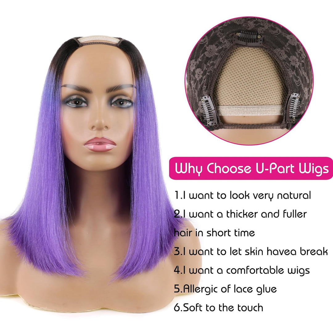 Huarisi Schwarze zu lila Bob Perücken u Teil Echthaar Menschliches Haar 10 Zoll 8a Short Wigs Straig