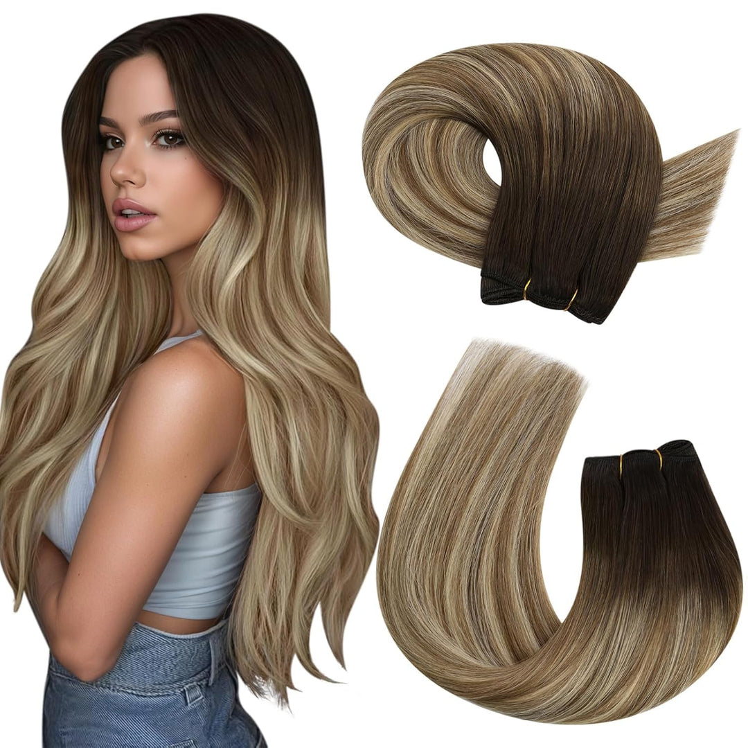 Moresoo 100g Tressen Echthaar 50 cm Braun bis Kastanienbraun mit Platinblond Echthaar Tressen Glatte